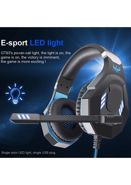 Ovleng GT93 LED Aydınlatma E-Spor Kulaklık Başa Monte Oyun Kulaklığı, Klipsli Uzaktan Kumandalı, Usb+3,5 mm Fiş-Siyah/mavi (Yurt Dışından)