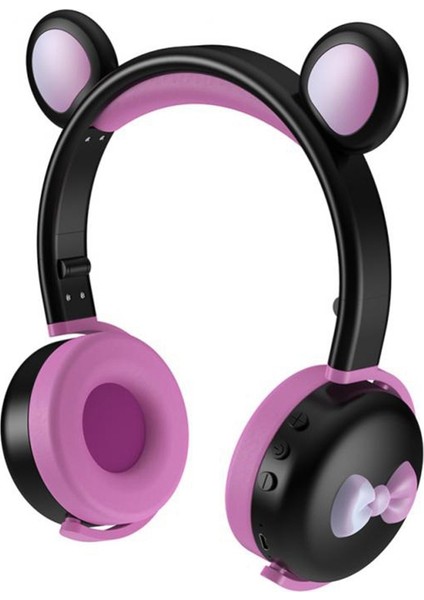 Bk7 Sevimli Ayı Kablosuz Bluetooth Kulaklık Karikatür LED Işık Aux-In Kulak Içi Kulaklık Çocuk Hediye (Ce Belgeli) - Siyah/gül (Yurt Dışından)