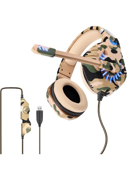 Ovleng Q8 Kamuflaj Kablolu Oyun Kulaklığı E-Spor Işık Efektli Ayarlanabilir Kulaklık USB 7.1 Kanallı Kulak Üstü Kulaklık-Camo Yeşil (Yurt Dışından)