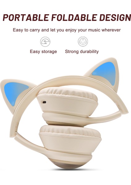 Akz-01 Sevimli Kedi Kulak Çocuk Bluetooth Kulaklık Stereo Müzik Renkli Işık-Haki ile Başa Monte Kulaklık (Yurt Dışından)