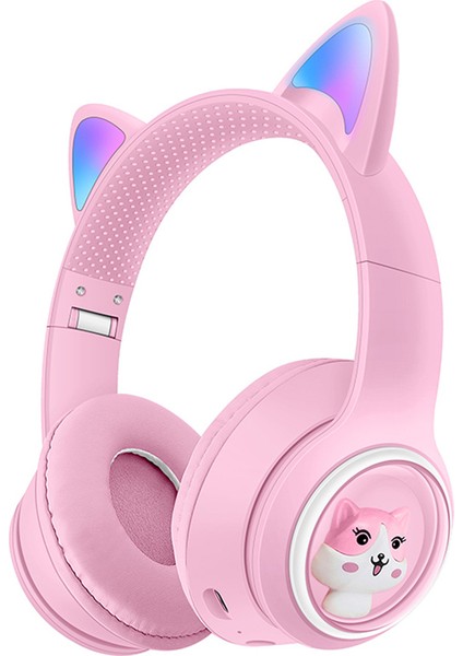 Akz-01 Sevimli Kedi Kulak Çocuk Bluetooth Kulaklık Stereo Müzik Renkli Açık Pembe ile Başa Monte Kulaklık (Yurt Dışından)