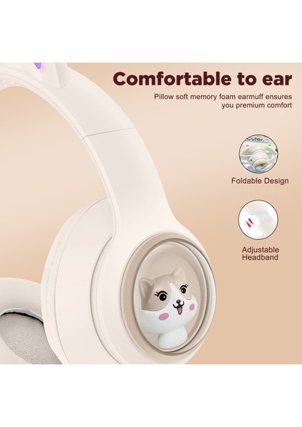 Akz-01 Sevimli Kedi Kulak Çocuk Bluetooth Kulaklık Stereo Müzik Renkli Açık Pembe ile Başa Monte Kulaklık (Yurt Dışından)