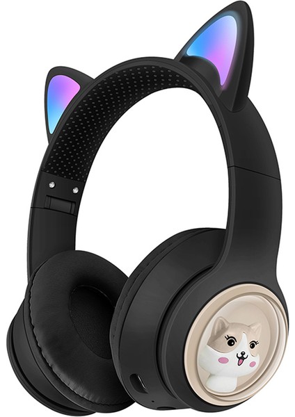 Akz-01 Sevimli Kedi Kulak Çocuk Bluetooth Kulaklık Stereo Müzik Renkli Açık-Siyah ile Başa Monte Kulaklık (Yurt Dışından)