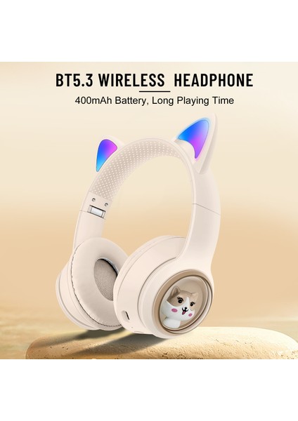 Akz-01 Sevimli Kedi Kulak Çocuk Bluetooth Kulaklık Stereo Müzik Renkli Açık-Siyah ile Başa Monte Kulaklık (Yurt Dışından)