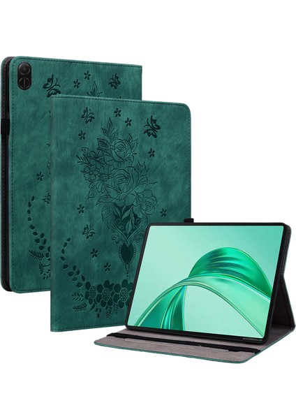 Honor Pad X8A Kılıf Kart Tutucu Çizilmez Deri Kapak Gül Çiçek Baskı-Yeşil (Yurt Dışından)