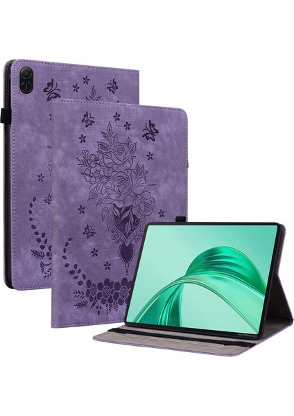 Honor Pad X8A Kılıf Kart Tutucu Çizilmez Deri Kapak Gül Çiçek Baskı-Mor Için (Yurt Dışından)