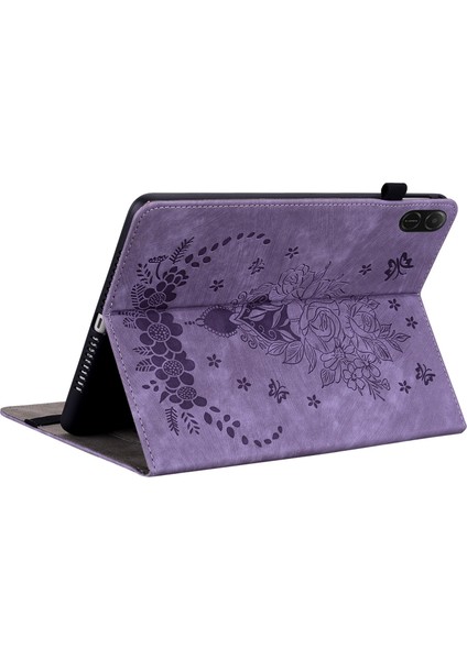 Honor Pad X8A Kılıf Kart Tutucu Çizilmez Deri Kapak Gül Çiçek Baskı-Mor Için (Yurt Dışından)