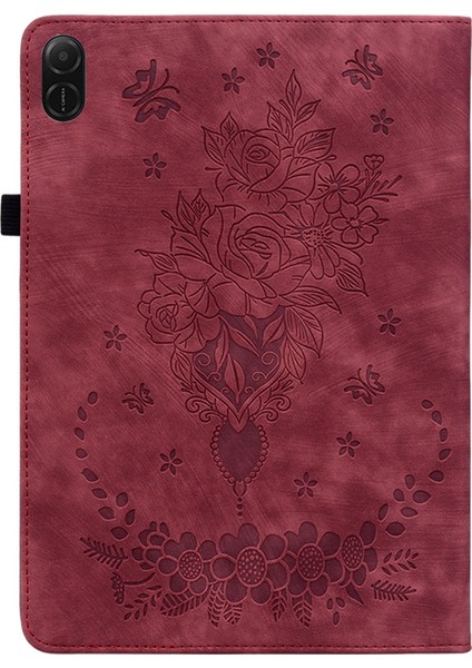 Honor Pad X8A Kılıf Kart Tutucu Çizilmez Deri Kapak Gül Çiçek Baskı-Kırmızı (Yurt Dışından)