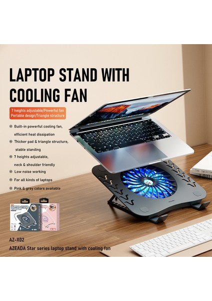 Azeada AZ-X02 Katlanır Dizüstü Soğutma Pedi 7 Yükseklik Ayarlı Dizüstü Tablet Standı Soğutma Fanlı-Gri (Yurt Dışından)