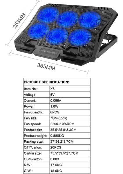 X6B 7-Gear Yüksekliği 6-Fan Dizüstü Soğutma Standı Ayarlanabilir Hızı Dizüstü Soğutucu-Mavi Işık (Yurt Dışından)