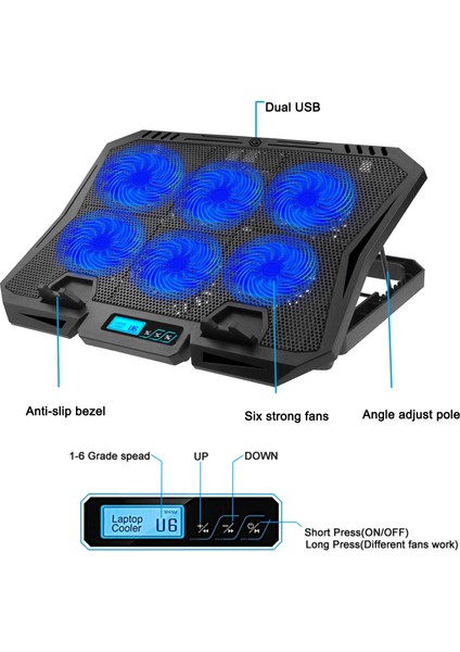 X6A 7-Gear Yükseklik Dizüstü Soğutma Pedi 6-Fan Radyatör Dizüstü Soğutucu Standı Ekran-Kırmızı Işık ile (Yurt Dışından)