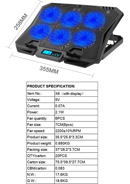 X6A 7-Gear Yükseklik Dizüstü Soğutma Pedi 6-Fan Radyatör Dizüstü Soğutucu Standı Ekran-Kırmızı Işık ile (Yurt Dışından)