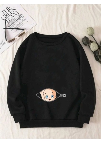 Kadın Fermuarlı Bebek Baskılı Hamile Oversize Sweatshirt, Doğum, Anne Hediyelik Ürün
