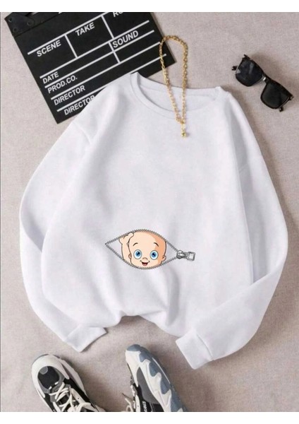 Kadın Fermuarlı Bebek Baskılı Hamile Oversize Sweatshirt, Doğum, Anne Hediyelik Ürün