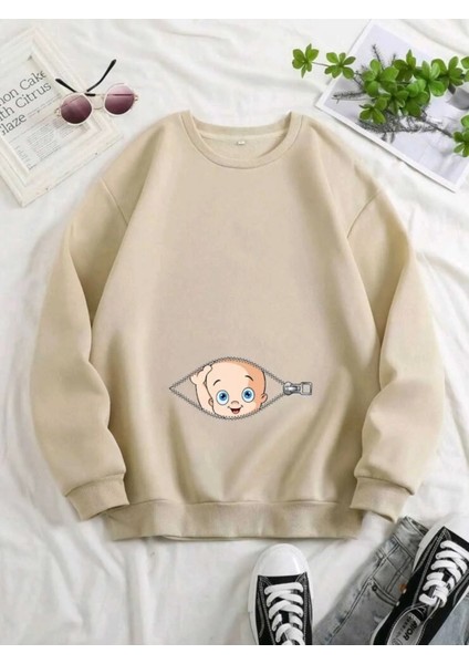 Kadın Fermuarlı Bebek Baskılı Hamile Oversize Sweatshirt, Doğum, Anne Hediyelik Ürün