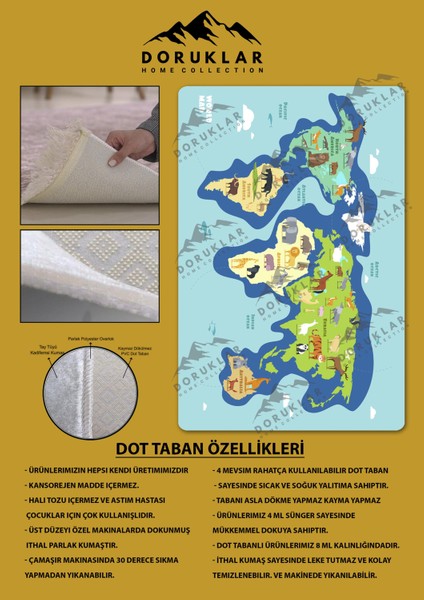 Kaymaz Taban Makinada Yıkanabilir Dijital Baskı Dünya Haritası Desenli Çocuk Odası Halısı Dot Taban Halı