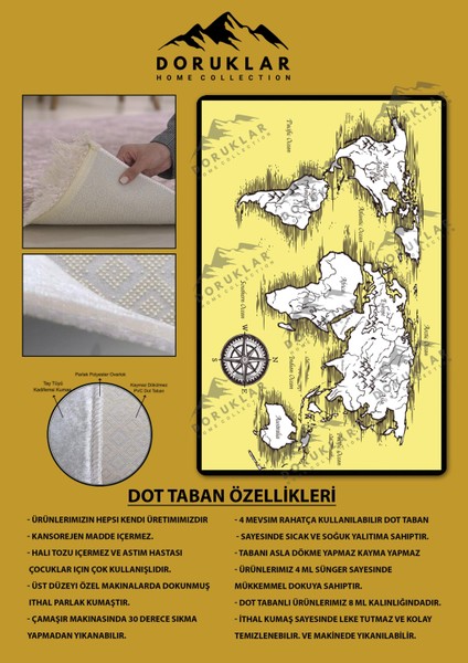 Kaymaz Taban Makinada Yıkanabilir Dijital Baskı Dünya Haritası Desenli Çocuk Odası Halısı Dot Taban Halı