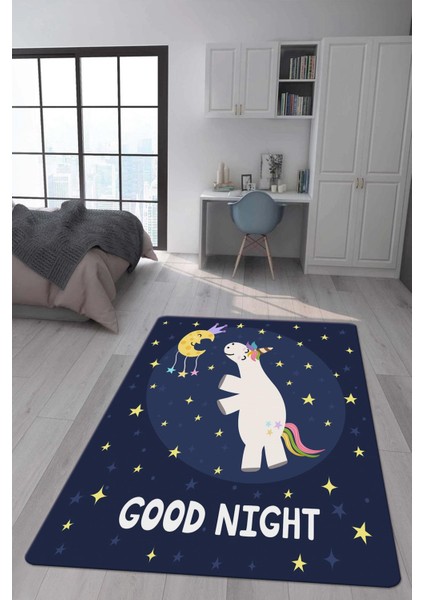 Kaymaz Taban Makinada Yıkanabilir Dijital Baskı Unicorn Desenli Çocuk Odası Halısı Dot Taban Halı