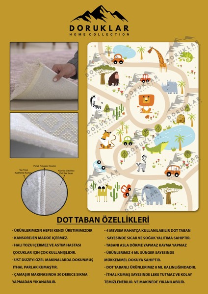 Kaymaz Taban Makinada Yıkanabilir Dijital Baskı Yol Desenli Çocuk Odası Halısı Dot Taban Halı
