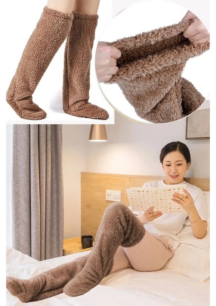 Kadın Peluş Uyku Çorabı Diz Üstü Oda Çorabı Ayak Isıtıcı Kahverengi Uzun Çorap XS - S - M - L - XL