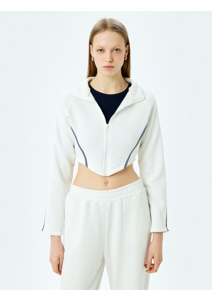 Uzun Kollu Şerit Detaylı Fermuarlı Crop Sweatshirt