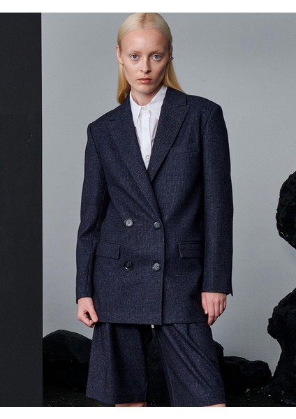 Çizgili Oversize Kesim Ceket - Lacivert