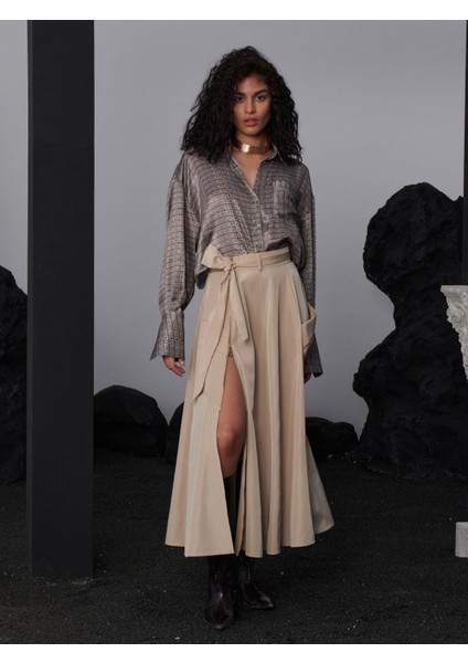 Beli Kuşaklı Fermuarlı Yırtmaç Detaylı Cepli Etek - Bej fiyatları