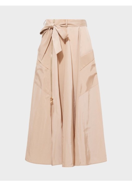 Beli Kuşaklı Fermuarlı Yırtmaç Detaylı Cepli Etek - Bej fırsatları