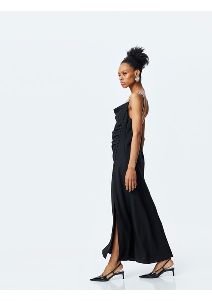 Yırtmaçlı Drapeli Düğmeli Degaje Yaka Taşlı Uzun Elbise fiyatları