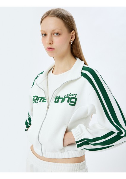Fermuarlı Şerit Detaylı Slogan Baskılı Oversize Sweatshirt