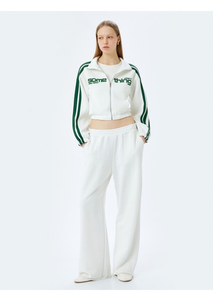 Fermuarlı Şerit Detaylı Slogan Baskılı Oversize Sweatshirt