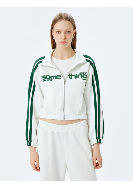 Fermuarlı Şerit Detaylı Slogan Baskılı Oversize Sweatshirt