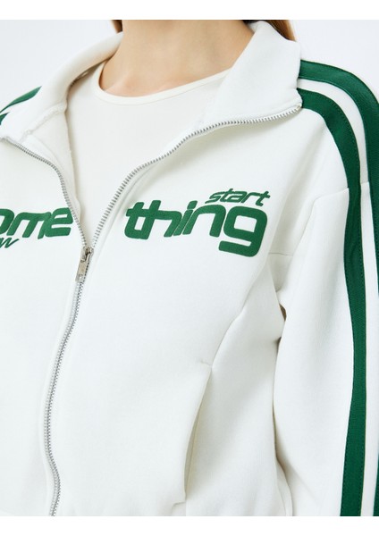 Fermuarlı Şerit Detaylı Slogan Baskılı Oversize Sweatshirt