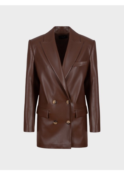 Oversize Kruvaze Kesim Deri Ceket - Kahve