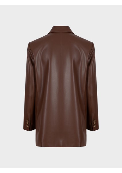 Oversize Kruvaze Kesim Deri Ceket - Kahve
