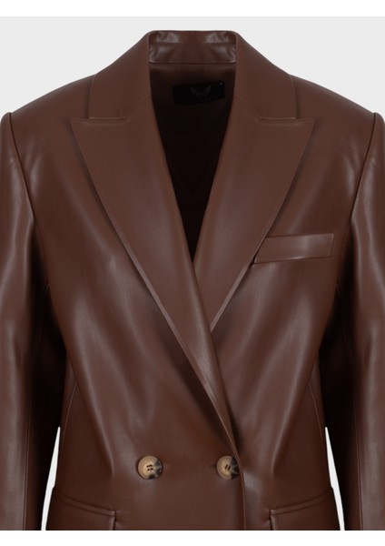 Oversize Kruvaze Kesim Deri Ceket - Kahve