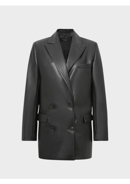 Oversize Kruvaze Kesim Deri Ceket - Siyah