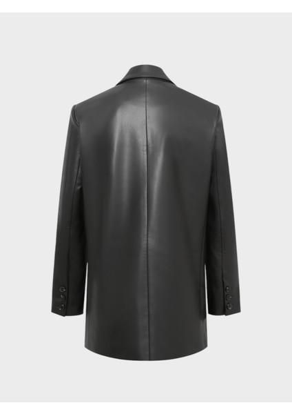 Oversize Kruvaze Kesim Deri Ceket - Siyah