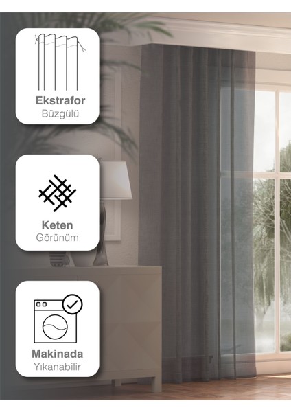 Antrasit Renk Keten Görünümlü Düz Tül Perde Ütü Istemez