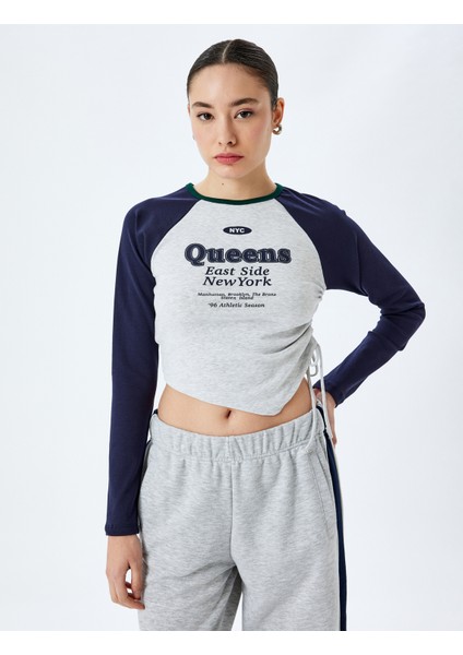 Uzun Reglan Kol Slim Fit Kolej Baskılı Büzgülü Asimetrik Crop Tişört modelleri