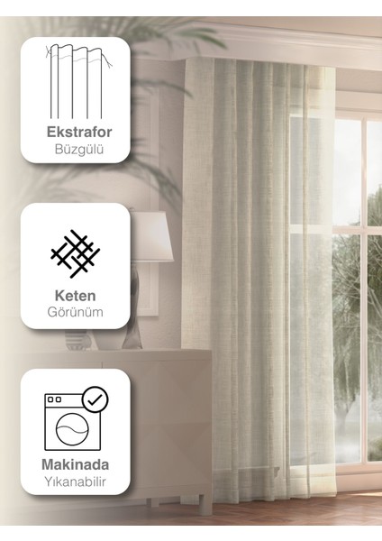Ekru Renk Keten Görünümlü Düz Tül Perde Ütü Istemez