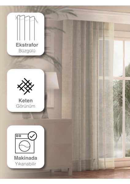 Krem Renk Keten Görünümlü Düz Tül Perde Ütü Istemez