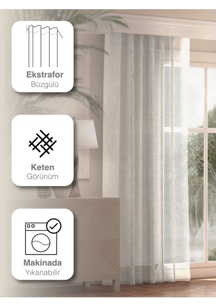 Kırık Beyaz Keten Görünümlü Düz Tül Perde Ütü Istemez