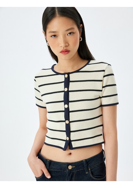 Çizgili Düğme Detaylı Kısa Kollu Crop Bluz