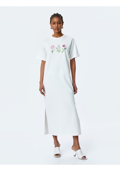 Yırtmaç Detaylı Bisiklet Yaka Kısa Kollu Baskılı Uzun Tişört Elbise modelleri