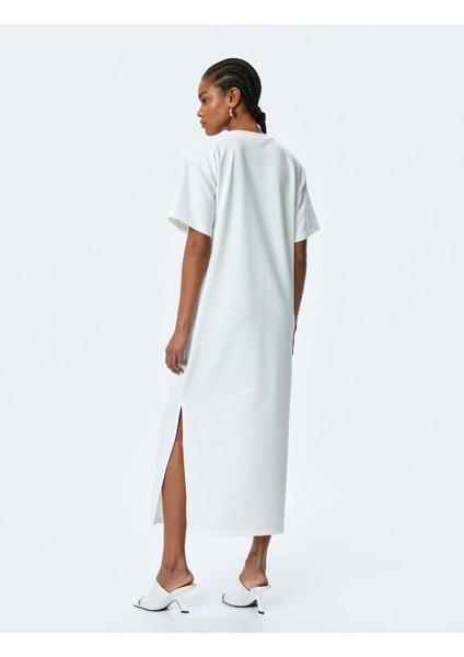 Yırtmaç Detaylı Bisiklet Yaka Kısa Kollu Baskılı Uzun Tişört Elbise fırsatları