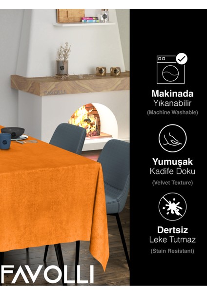 Mandalina Turuncusu Masa Örtüsü Kadife Dokulu Leke Tutmaz