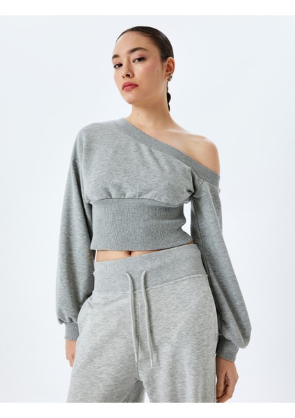 Korse Detaylı Asimetrik Yaka Omzu Açık Crop Sweatshirt