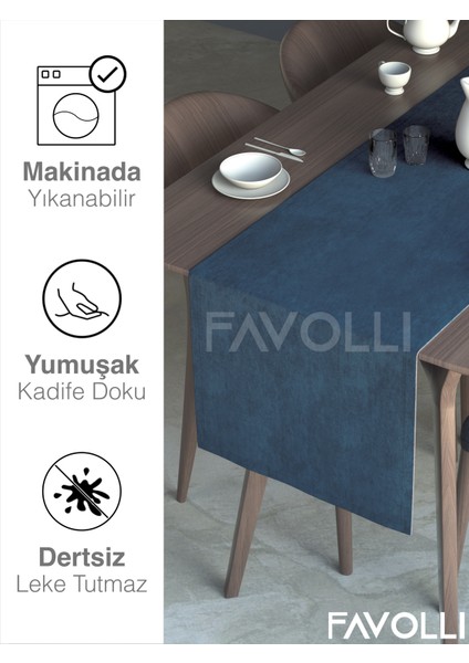 Derin Mavi Renk Kadife Dokulu Runner Dream Series 40 x 140 modelleri