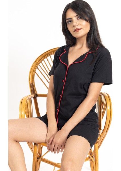 Kadın M116 Yakalı Düğmeli Şortlu Takım Siyah